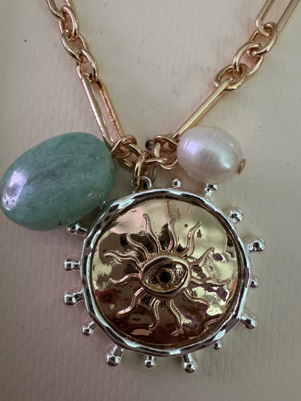 Camila Coelho Gold Sun-Eye Pendant Necklace with Aqua Stone & Pearl Drop